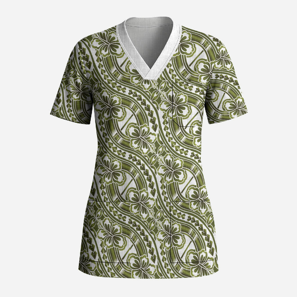 Hibiscus Bloom Island Tribal Waves Scrub Top Olive Green Polynesian Pattern