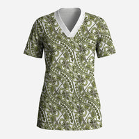 Hibiscus Bloom Island Tribal Waves Scrub Top Olive Green Polynesian Pattern