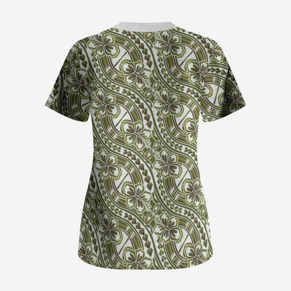 Hibiscus Bloom Island Tribal Waves Scrub Top Olive Green Polynesian Pattern