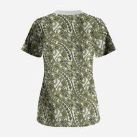 Hibiscus Bloom Island Tribal Waves Scrub Top Olive Green Polynesian Pattern