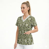 Hibiscus Bloom Island Tribal Waves Scrub Top Olive Green Polynesian Pattern