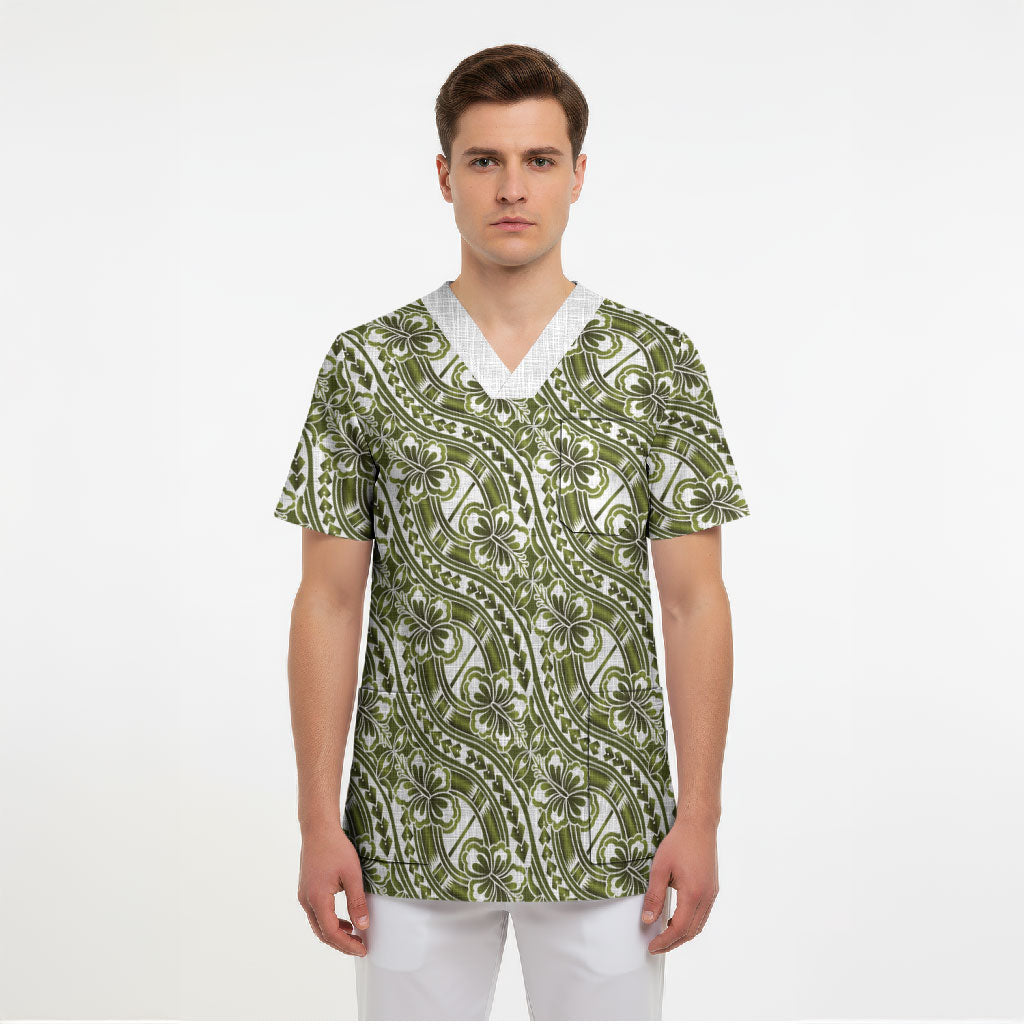 Hibiscus Bloom Island Tribal Waves Scrub Top Olive Green Polynesian Pattern
