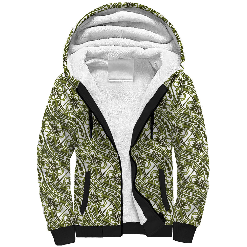 Hibiscus Bloom Island Tribal Waves Sherpa Hoodie Olive Green Polynesian Pattern