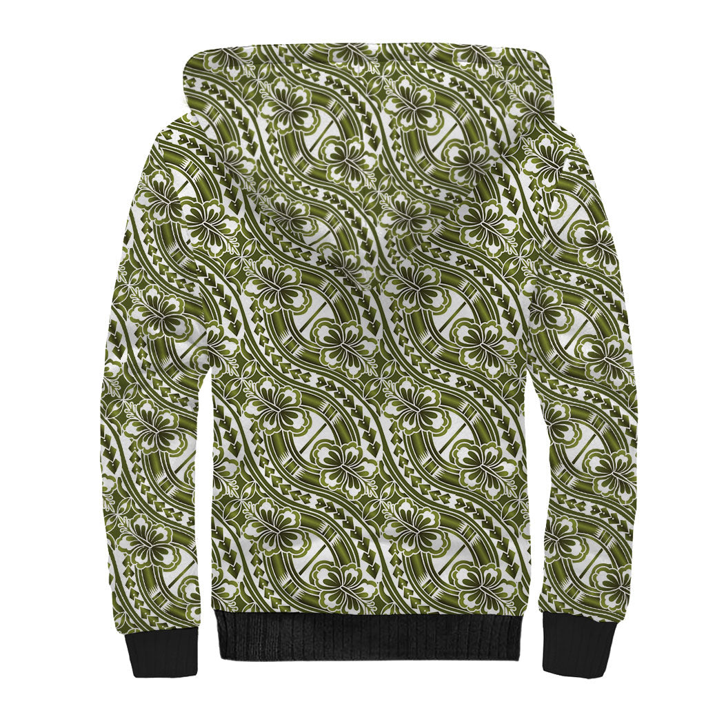 Hibiscus Bloom Island Tribal Waves Sherpa Hoodie Olive Green Polynesian Pattern