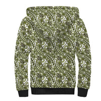 Hibiscus Bloom Island Tribal Waves Sherpa Hoodie Olive Green Polynesian Pattern