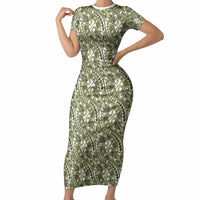 Hibiscus Bloom Island Tribal Waves Short Sleeve Bodycon Dress Olive Green Polynesian Pattern LT01 Long Dress Olive Green - Polynesian Pride