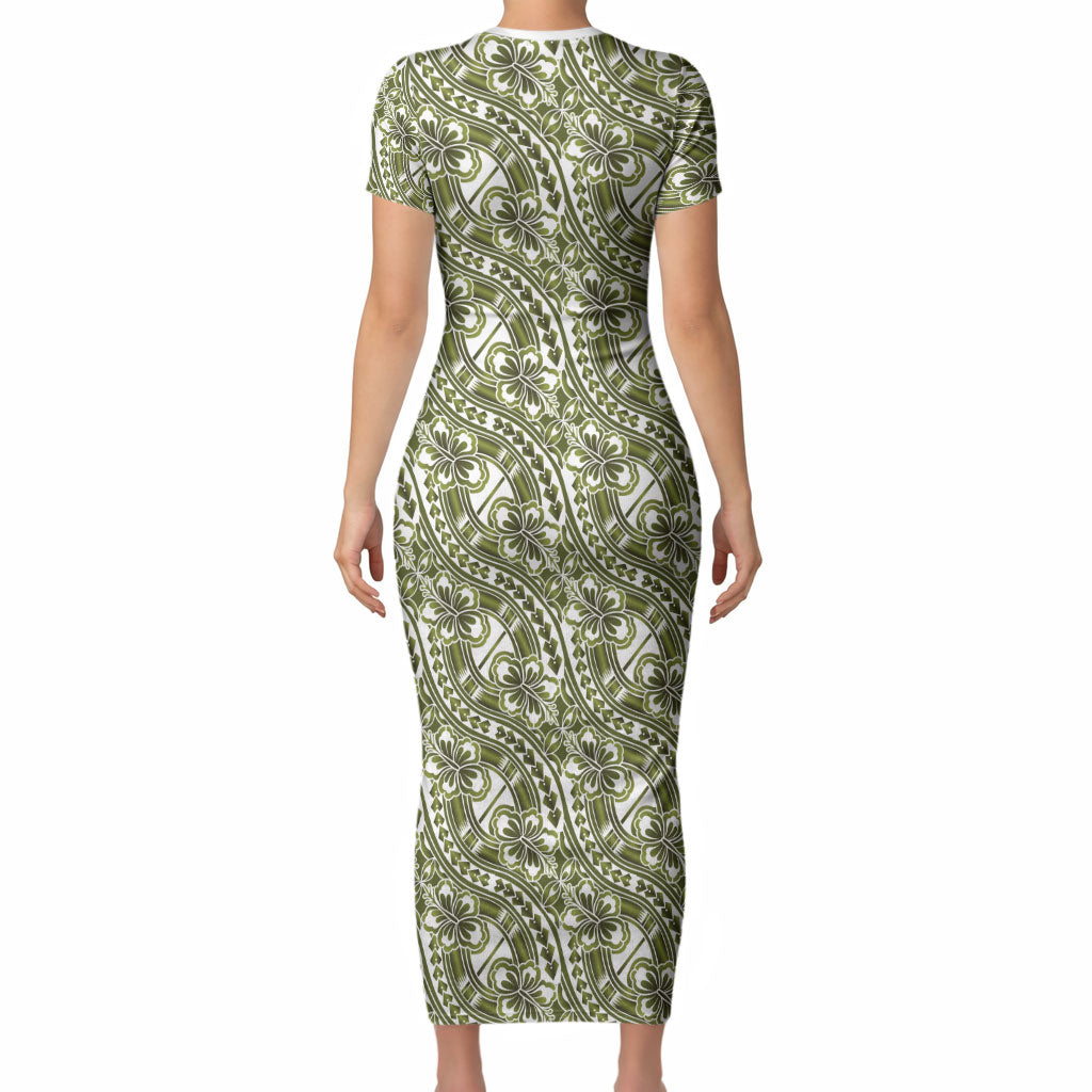 Hibiscus Bloom Island Tribal Waves Short Sleeve Bodycon Dress Olive Green Polynesian Pattern LT01 - Polynesian Pride