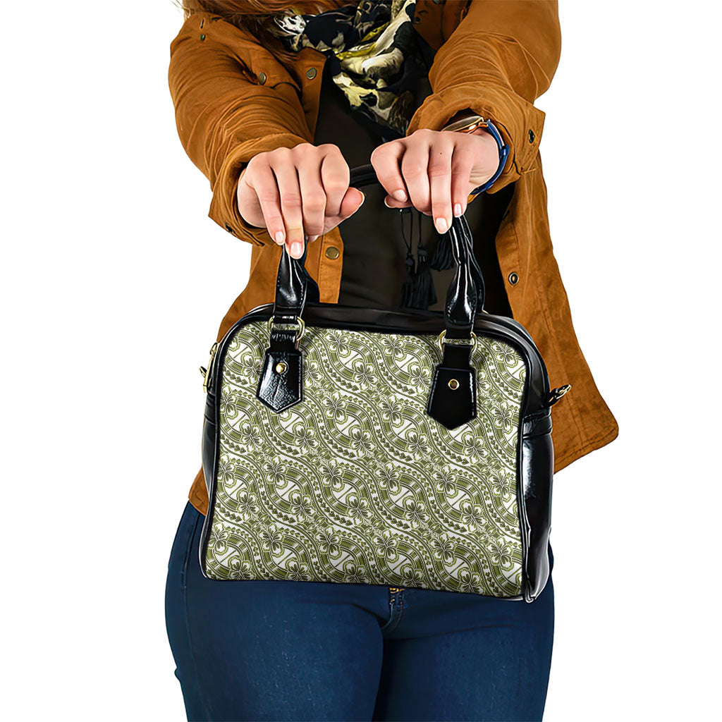 Hibiscus Bloom Island Tribal Waves Shoulder Handbag Olive Green Polynesian Pattern