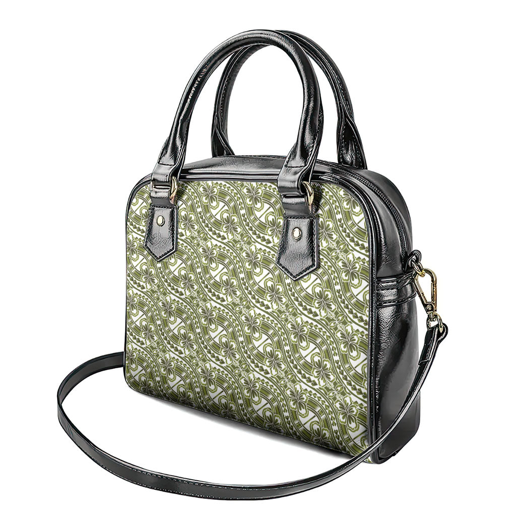 Hibiscus Bloom Island Tribal Waves Shoulder Handbag Olive Green Polynesian Pattern