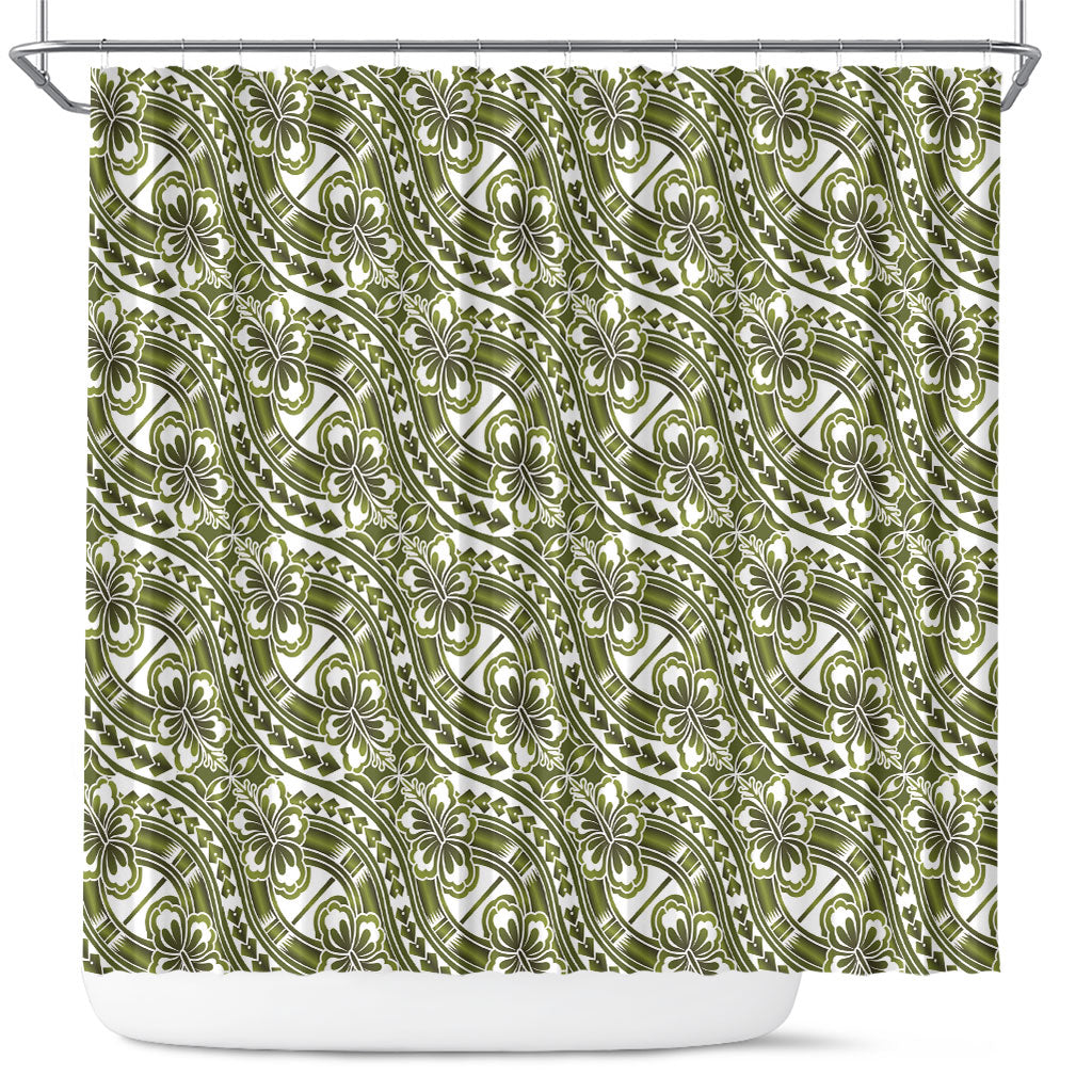 Hibiscus Bloom Island Tribal Waves Shower Curtain Olive Green Polynesian Pattern