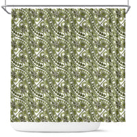Hibiscus Bloom Island Tribal Waves Shower Curtain Olive Green Polynesian Pattern