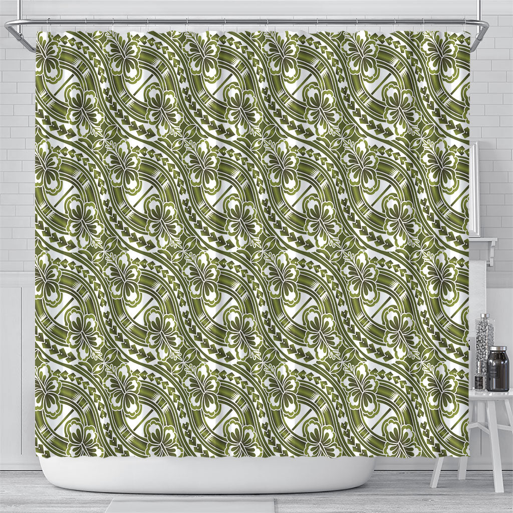Hibiscus Bloom Island Tribal Waves Shower Curtain Olive Green Polynesian Pattern