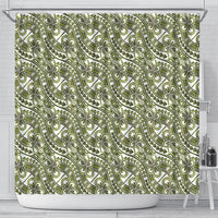 Hibiscus Bloom Island Tribal Waves Shower Curtain Olive Green Polynesian Pattern
