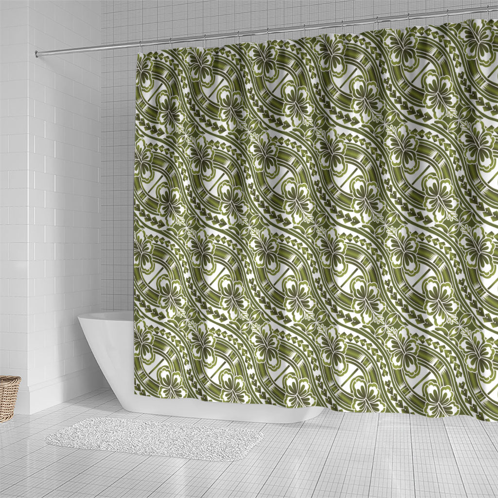 Hibiscus Bloom Island Tribal Waves Shower Curtain Olive Green Polynesian Pattern