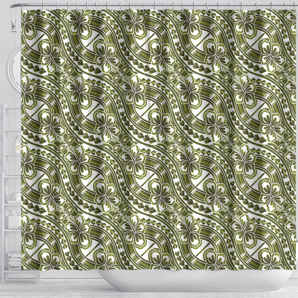 Hibiscus Bloom Island Tribal Waves Shower Curtain Olive Green Polynesian Pattern