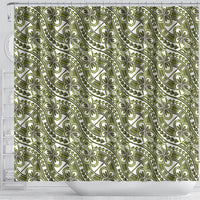 Hibiscus Bloom Island Tribal Waves Shower Curtain Olive Green Polynesian Pattern