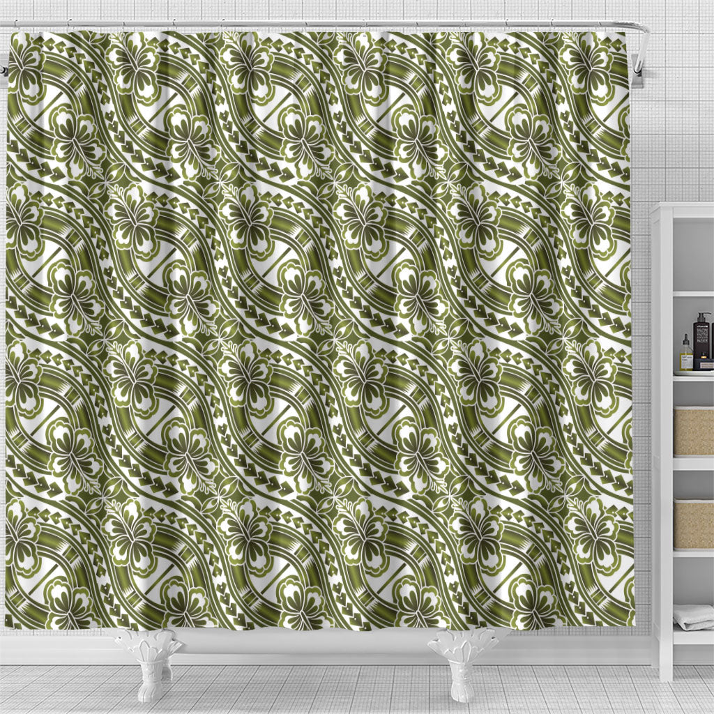 Hibiscus Bloom Island Tribal Waves Shower Curtain Olive Green Polynesian Pattern