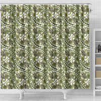 Hibiscus Bloom Island Tribal Waves Shower Curtain Olive Green Polynesian Pattern