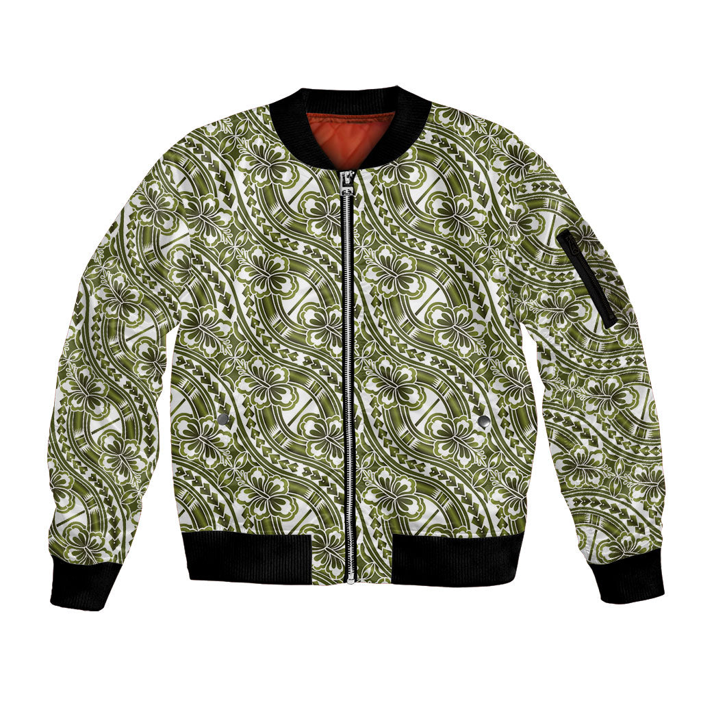 Hibiscus Bloom Island Tribal Waves Sleeve Zip Bomber Jacket Olive Green Polynesian Pattern