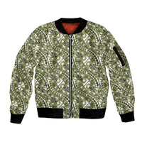 Hibiscus Bloom Island Tribal Waves Sleeve Zip Bomber Jacket Olive Green Polynesian Pattern