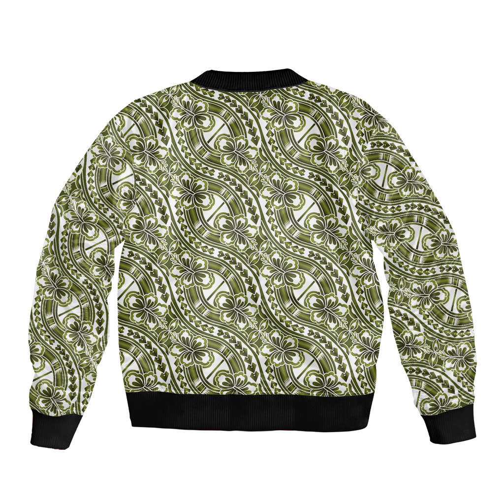 Hibiscus Bloom Island Tribal Waves Sleeve Zip Bomber Jacket Olive Green Polynesian Pattern