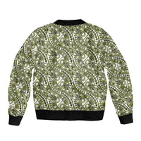 Hibiscus Bloom Island Tribal Waves Sleeve Zip Bomber Jacket Olive Green Polynesian Pattern