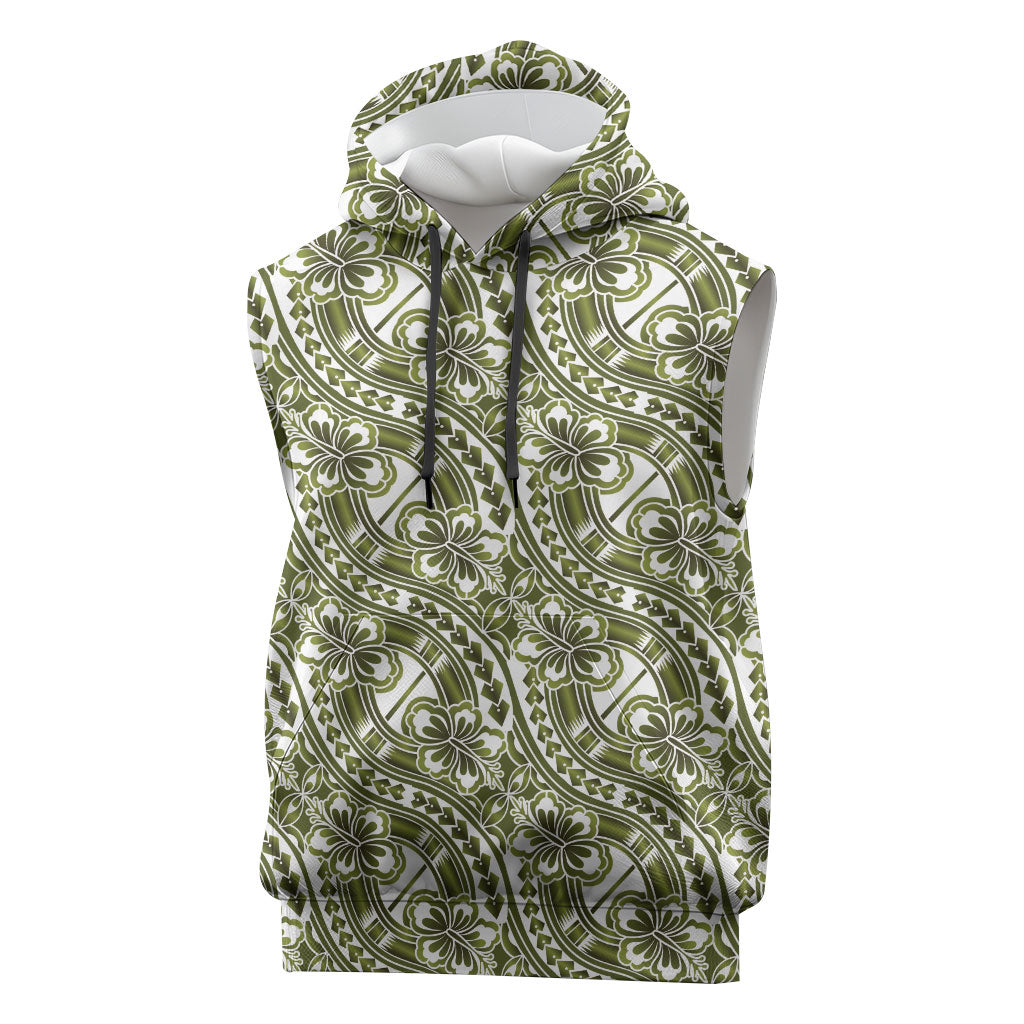 Hibiscus Bloom Island Tribal Waves Sleeveless Hoodie Olive Green Polynesian Pattern LT01 Olive Green - Polynesian Pride