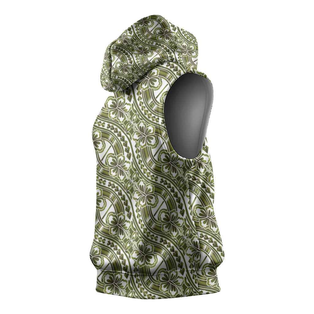 Hibiscus Bloom Island Tribal Waves Sleeveless Hoodie Olive Green Polynesian Pattern LT01 - Polynesian Pride