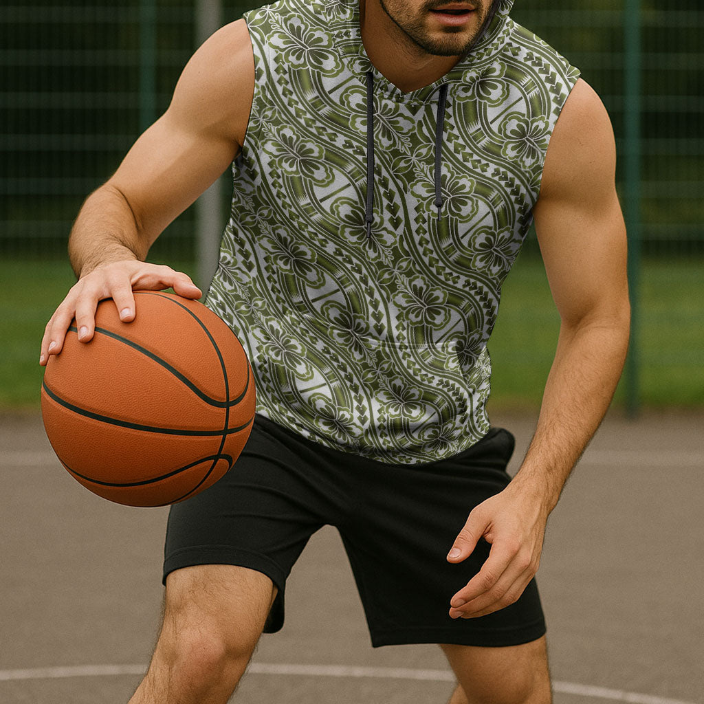 Hibiscus Bloom Island Tribal Waves Sleeveless Hoodie Olive Green Polynesian Pattern LT01 - Polynesian Pride