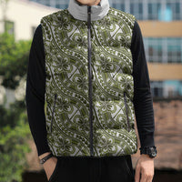 Hibiscus Bloom Island Tribal Waves Sleeveless Puffer Jacket Olive Green Polynesian Pattern LT01 - Polynesian Pride