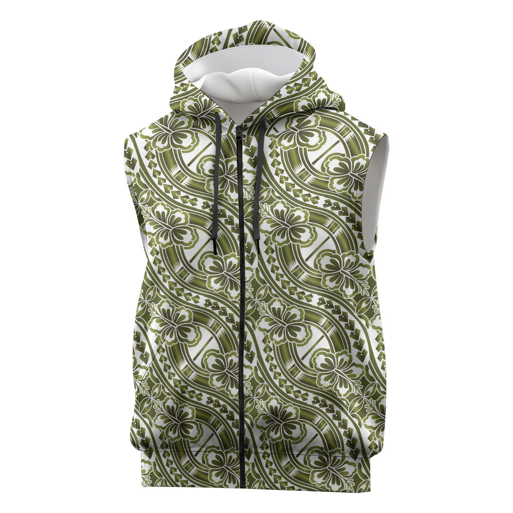 Hibiscus Bloom Island Tribal Waves Sleeveless Zip Hoodie Olive Green Polynesian Pattern