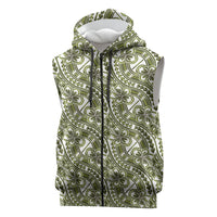 Hibiscus Bloom Island Tribal Waves Sleeveless Zip Hoodie Olive Green Polynesian Pattern