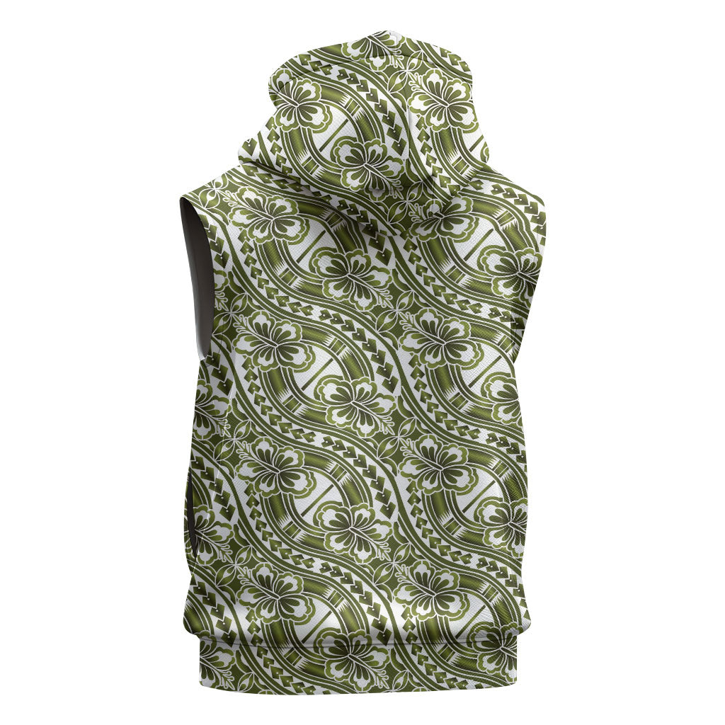 Hibiscus Bloom Island Tribal Waves Sleeveless Zip Hoodie Olive Green Polynesian Pattern