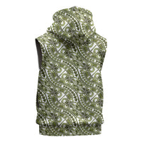 Hibiscus Bloom Island Tribal Waves Sleeveless Zip Hoodie Olive Green Polynesian Pattern