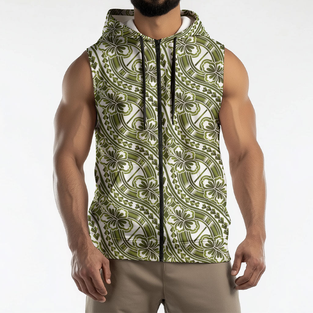 Hibiscus Bloom Island Tribal Waves Sleeveless Zip Hoodie Olive Green Polynesian Pattern