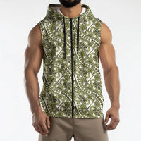 Hibiscus Bloom Island Tribal Waves Sleeveless Zip Hoodie Olive Green Polynesian Pattern