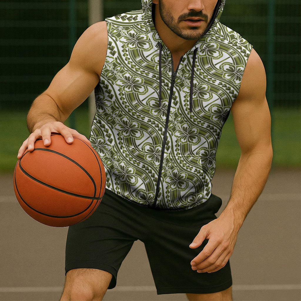 Hibiscus Bloom Island Tribal Waves Sleeveless Zip Hoodie Olive Green Polynesian Pattern