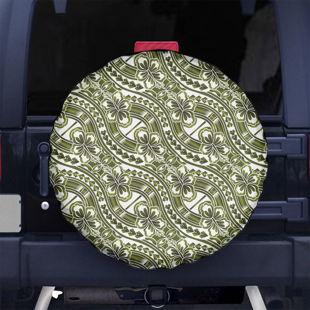 Hibiscus Bloom Island Tribal Waves Spare Tire Cover Olive Green Polynesian Pattern