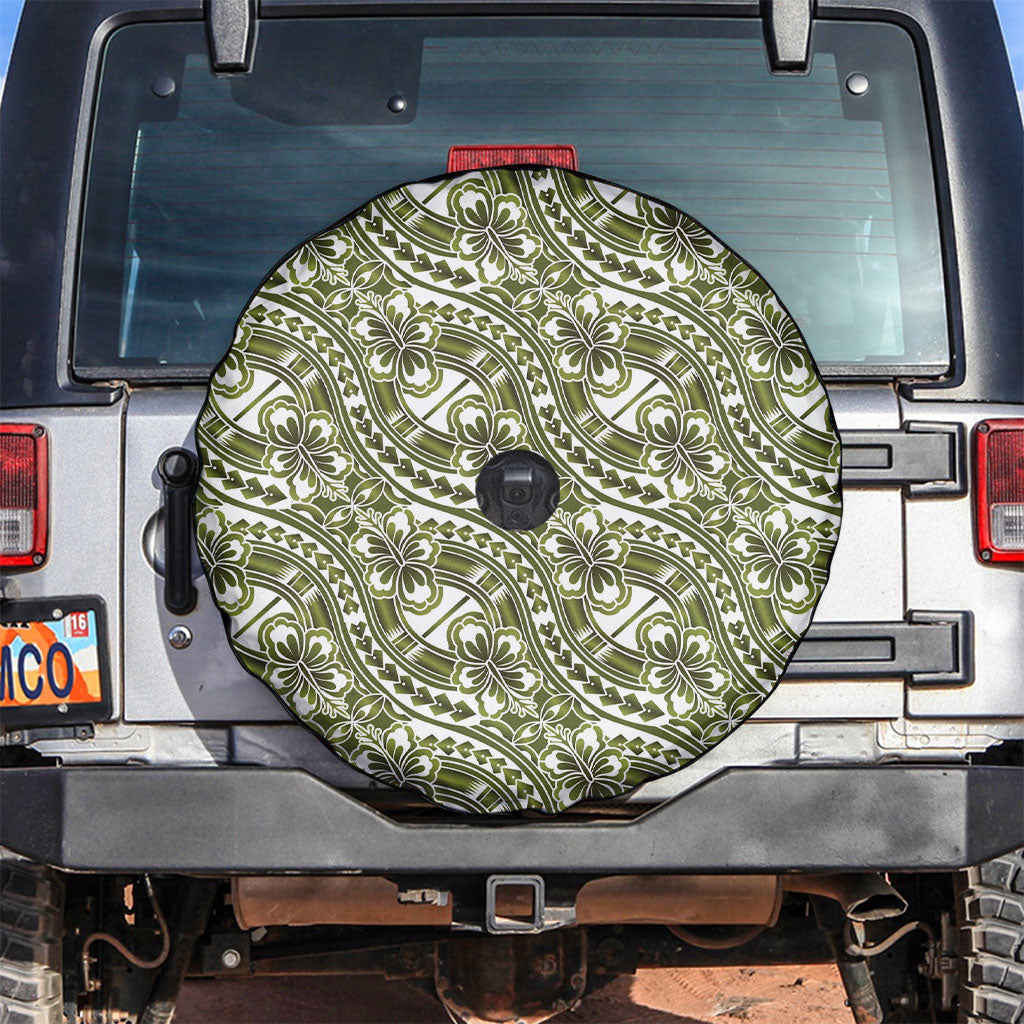Hibiscus Bloom Island Tribal Waves Spare Tire Cover Olive Green Polynesian Pattern