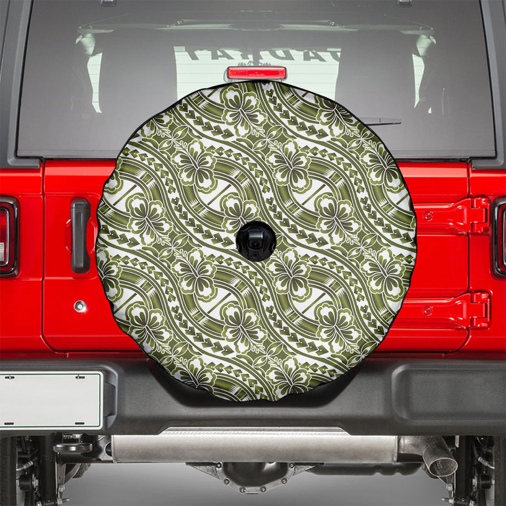 Hibiscus Bloom Island Tribal Waves Spare Tire Cover Olive Green Polynesian Pattern