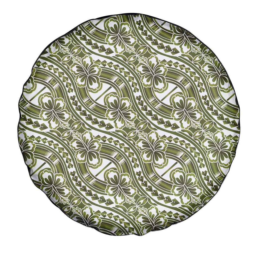 Hibiscus Bloom Island Tribal Waves Spare Tire Cover Olive Green Polynesian Pattern