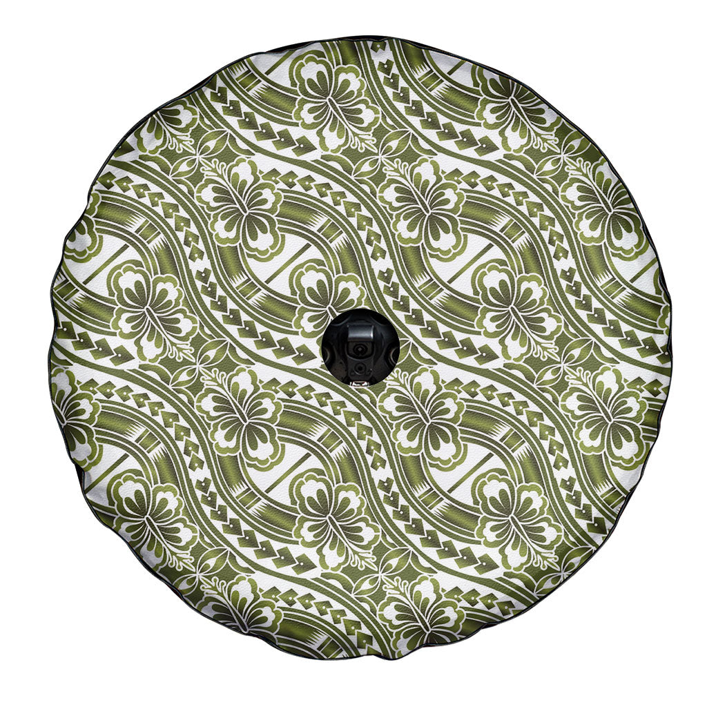 Hibiscus Bloom Island Tribal Waves Spare Tire Cover Olive Green Polynesian Pattern