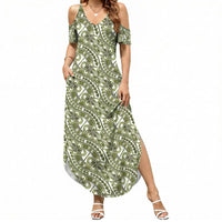 Hibiscus Bloom Island Tribal Waves Summer Maxi Dress Olive Green Polynesian Pattern