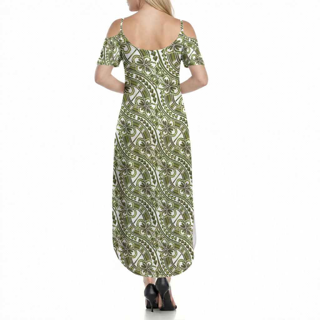 Hibiscus Bloom Island Tribal Waves Summer Maxi Dress Olive Green Polynesian Pattern