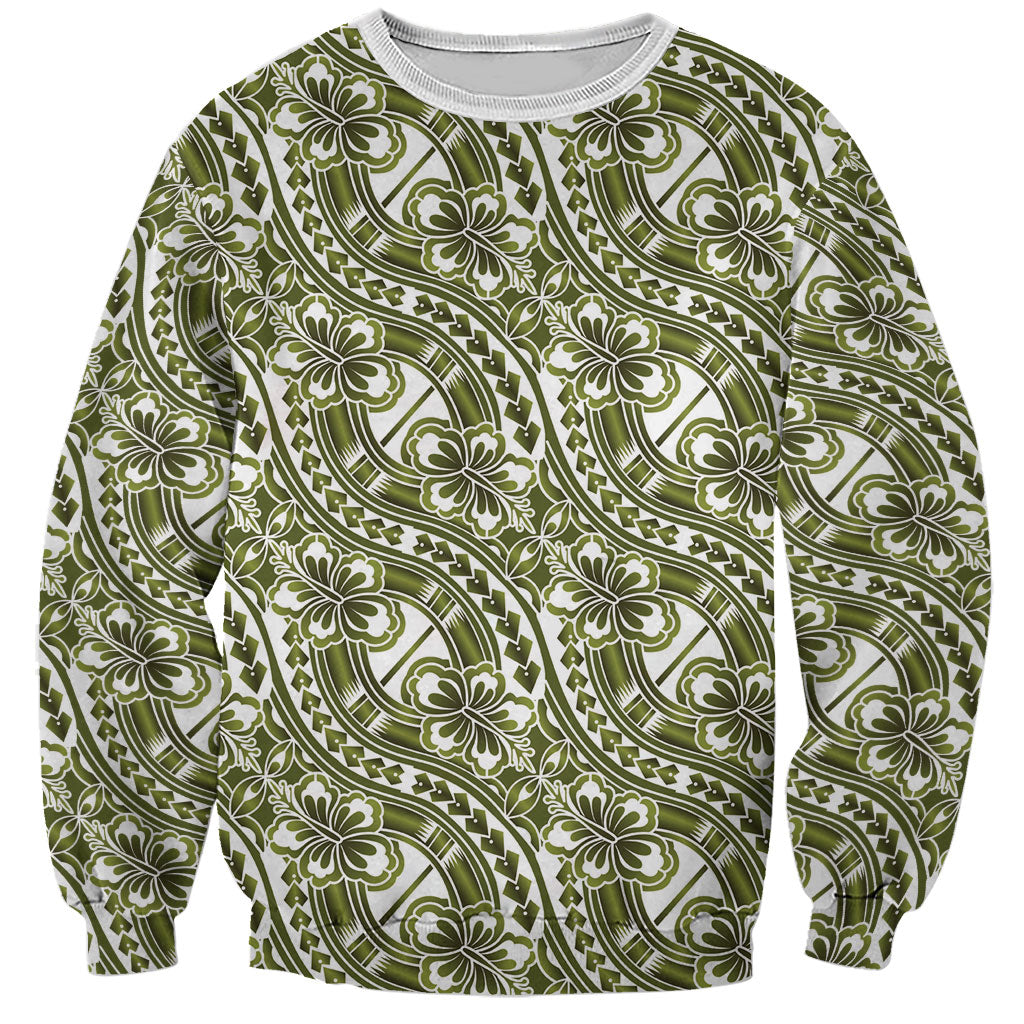 Hibiscus Bloom Island Tribal Waves Sweatshirt Olive Green Polynesian Pattern