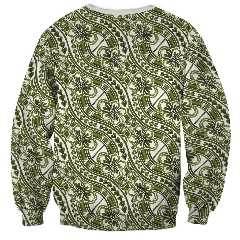 Hibiscus Bloom Island Tribal Waves Sweatshirt Olive Green Polynesian Pattern