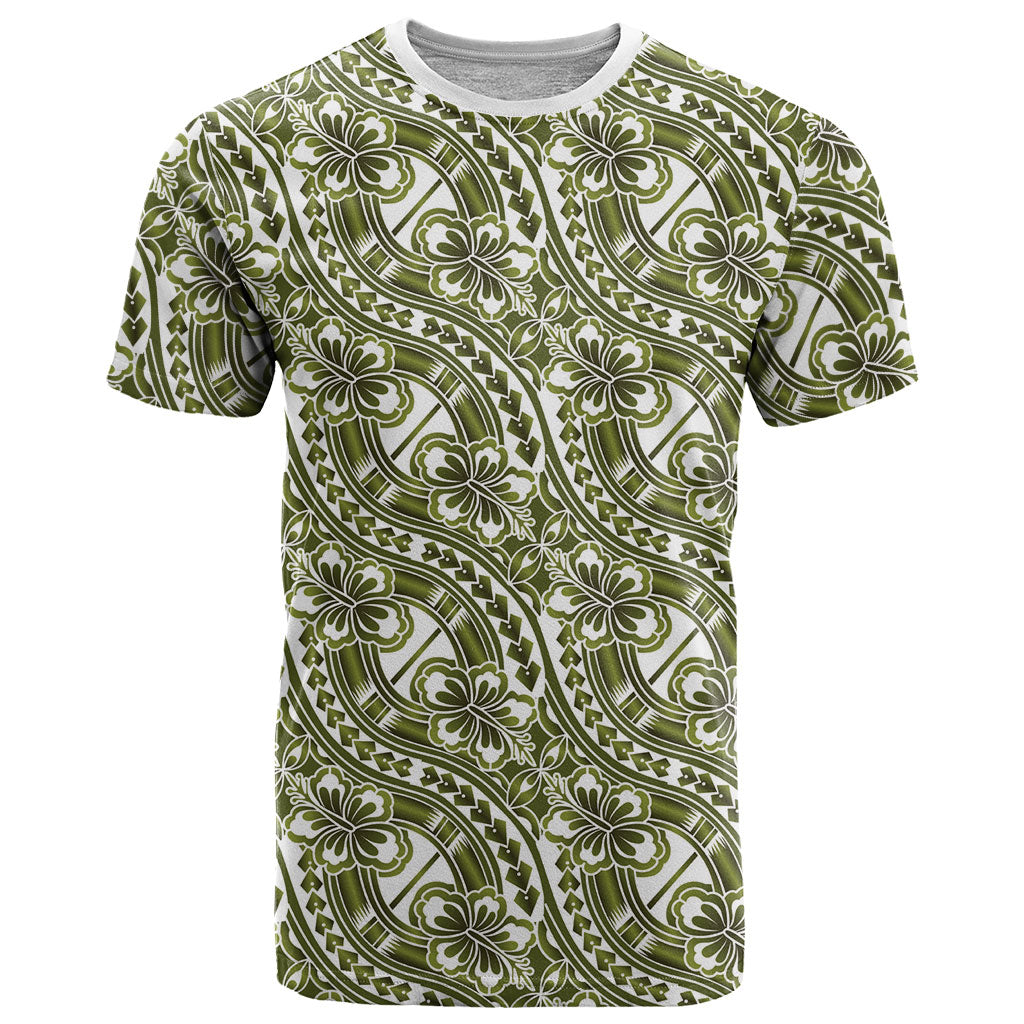Hibiscus Bloom Island Tribal Waves T Shirt Olive Green Polynesian Pattern LT01 Olive Green - Polynesian Pride