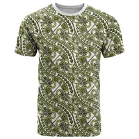 Hibiscus Bloom Island Tribal Waves T Shirt Olive Green Polynesian Pattern