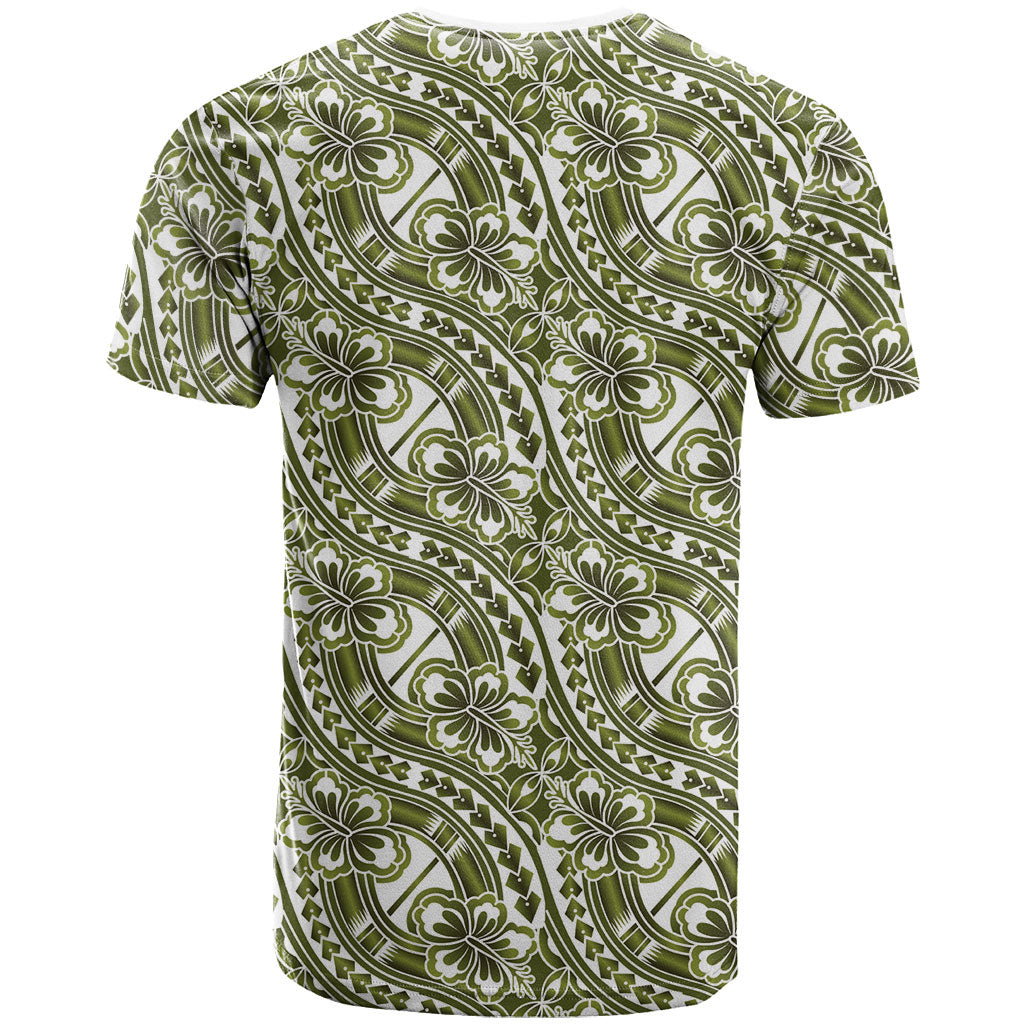 Hibiscus Bloom Island Tribal Waves T Shirt Olive Green Polynesian Pattern