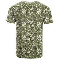 Hibiscus Bloom Island Tribal Waves T Shirt Olive Green Polynesian Pattern